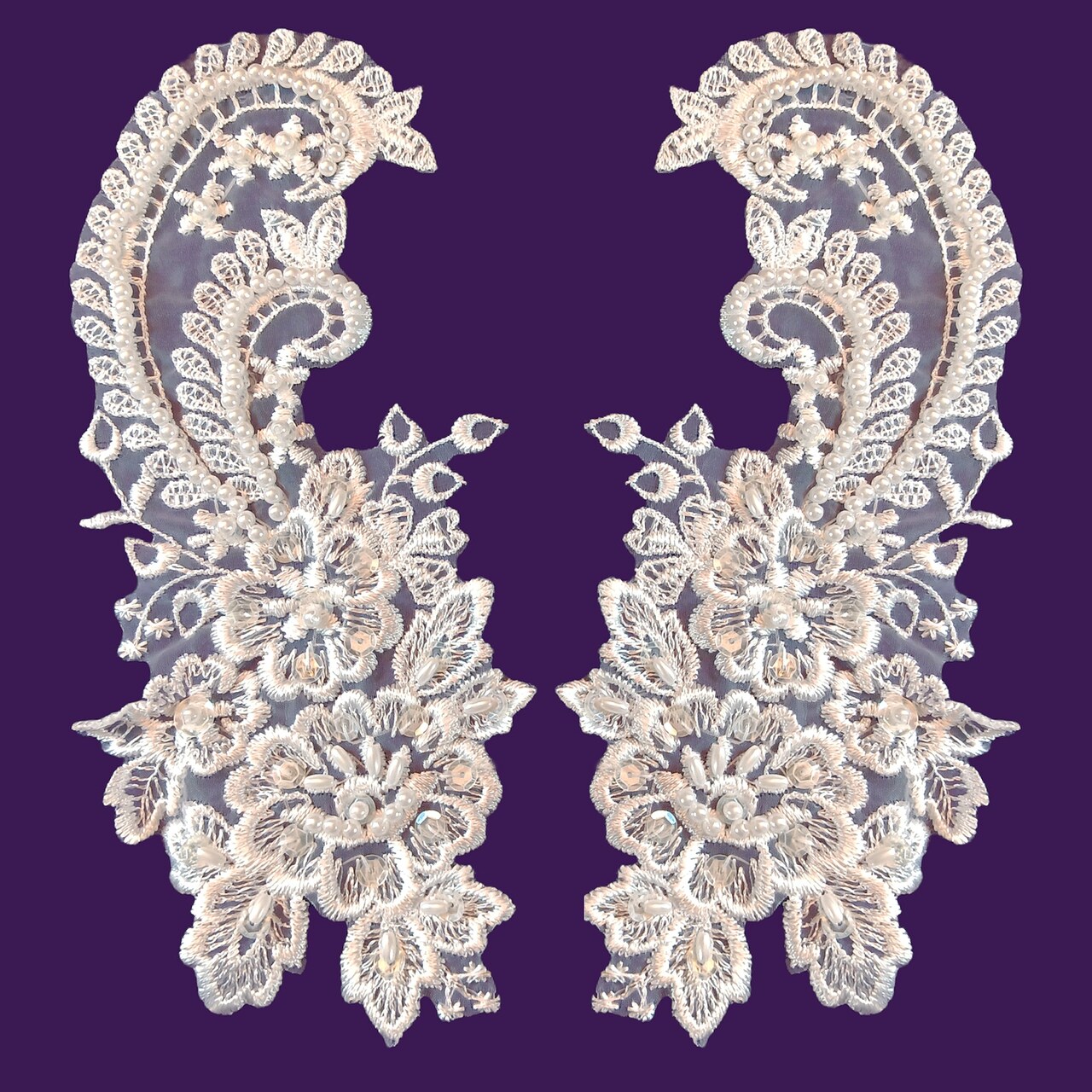 1 Pair Beaded Bridal Lace Applique Embroidered on 100% Polyester Organza 8.75" x 4" Each Side